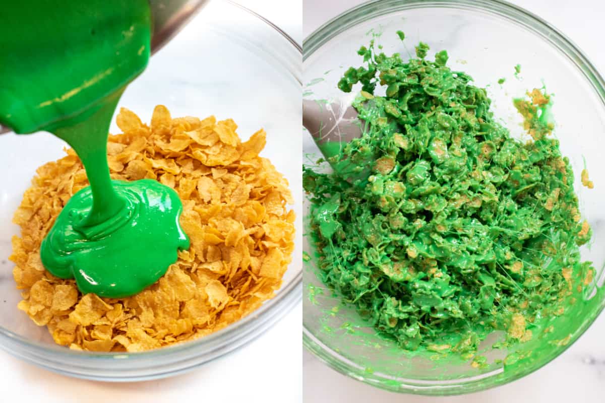 green melted marshmallows being poured into a bowl of cornflakes and then all mixed together.