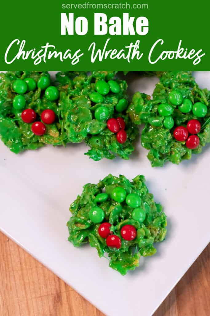 a plate of Christmas wreath cookies with Pinterest pin text.