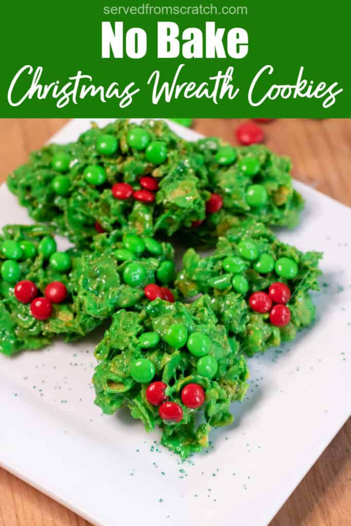 a plate of Christmas wreath cookies with Pinterest pin text.
