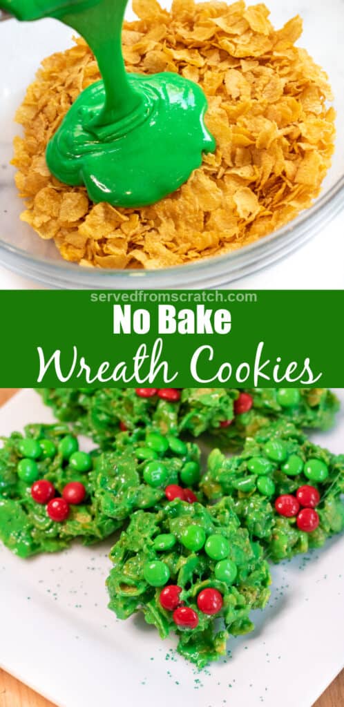 a bowl of corn flakes and green being poured in anda plate of Christmas wreath cookies with Pinterest pin text.