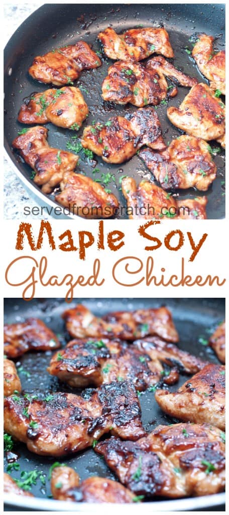 cooked boneless chicken thighs in a pan glazed in soy and maple