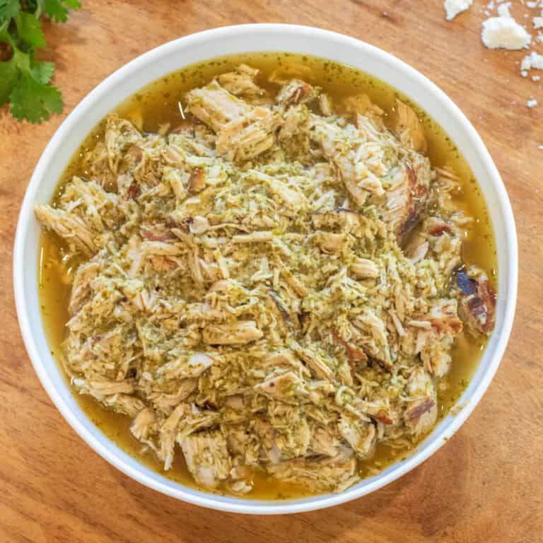 a bowl of shredded pork verde.