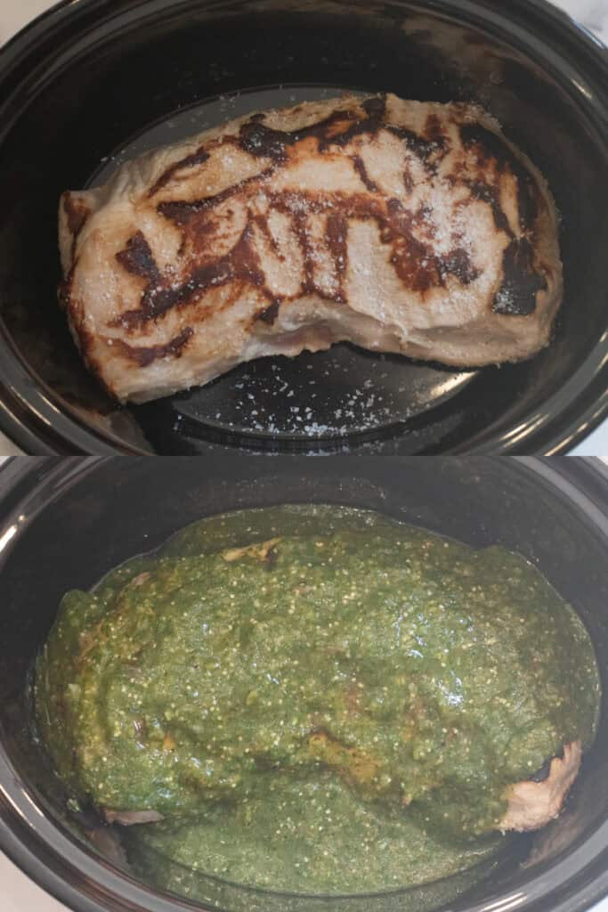 seared pork loin in a crock pot and then covered in salsa verde.