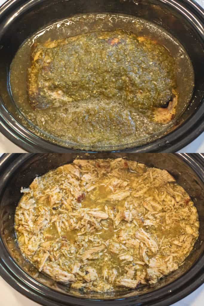 an overhead of cooked pork covered in salsa verde and then it all shredded.