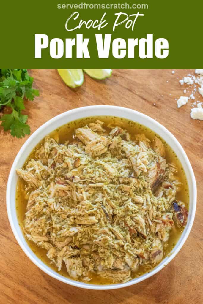 a bowl of shredded pork verde with Pinterest pin text.