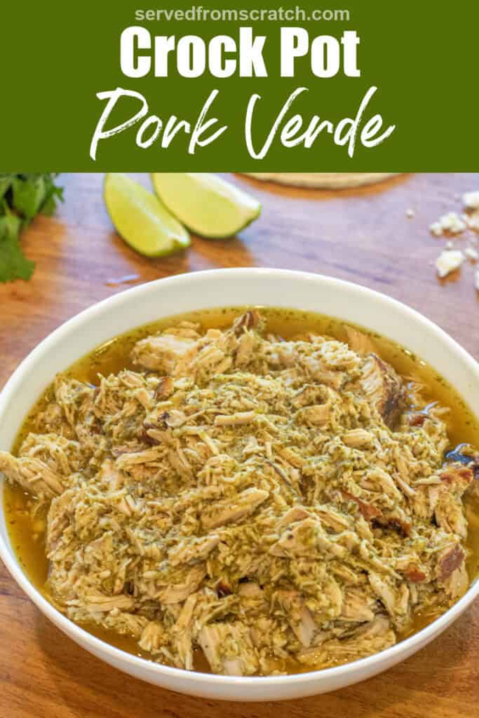 a bowl of shredded pork verde with Pinterest pin text.