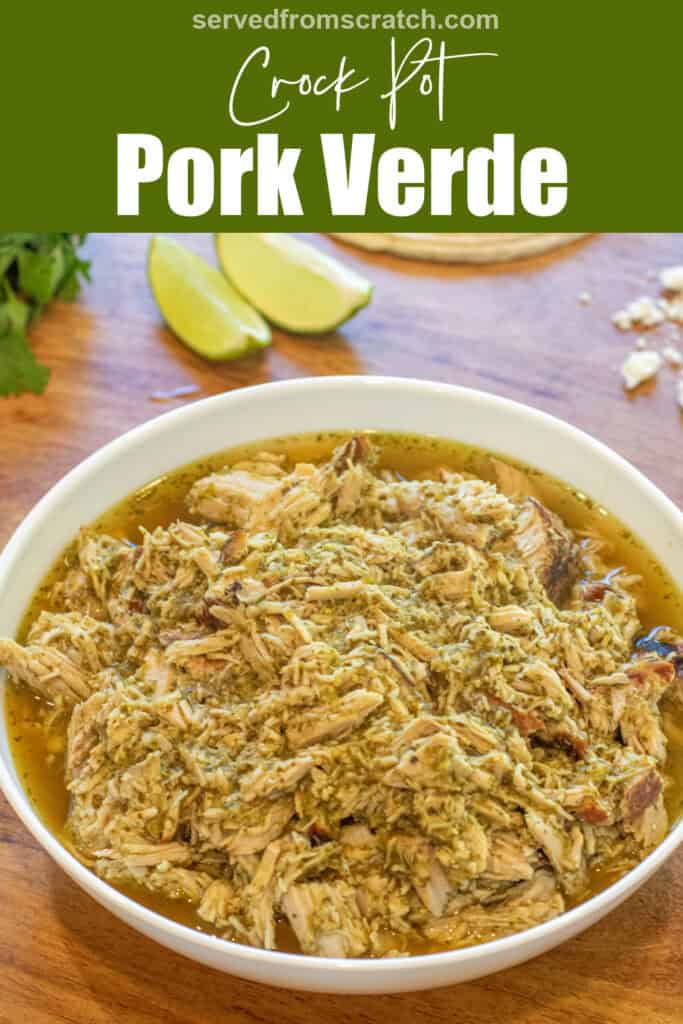 a bowl of shredded pork verde with Pinterest pin text.