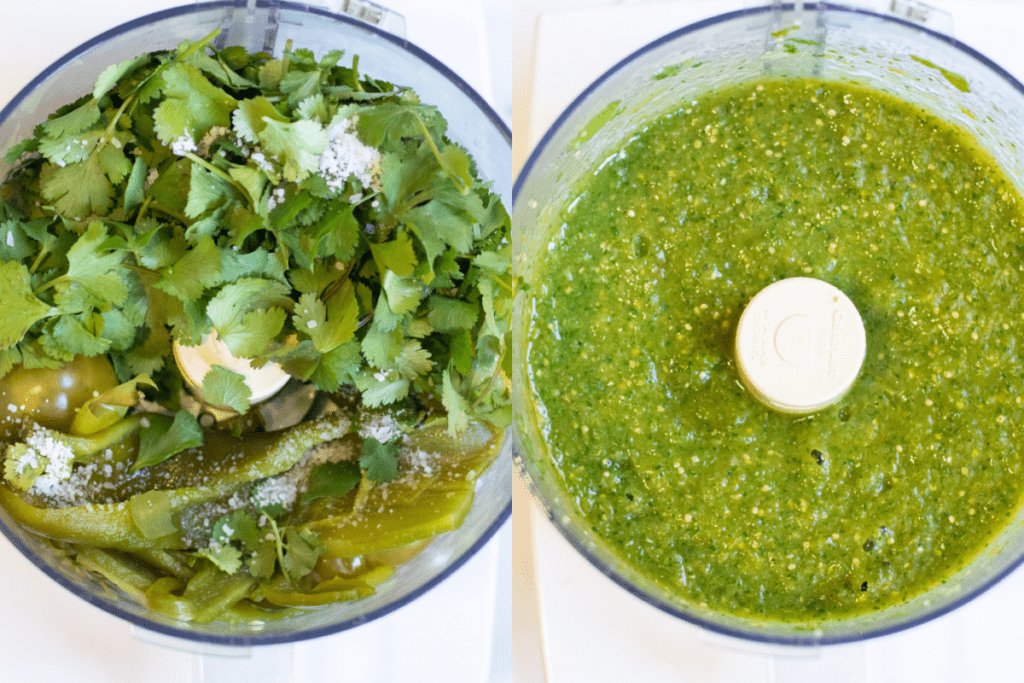 two food processors, one with cilantro and peppers and one blended into a salsa.