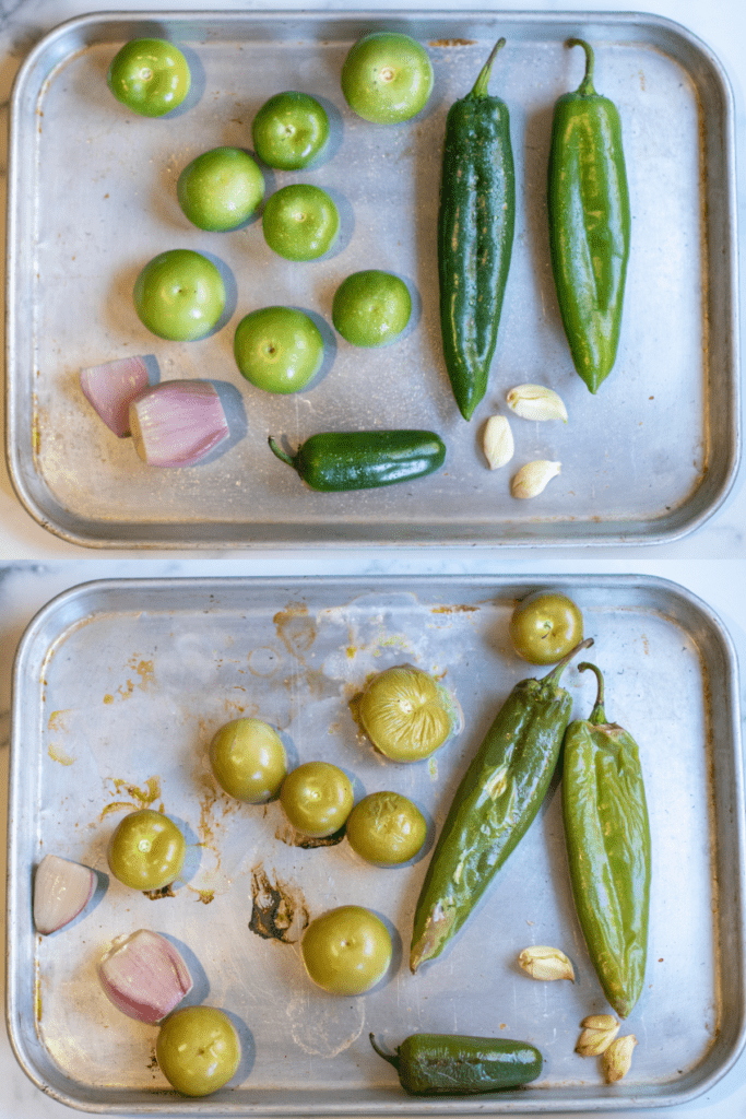 a tray of raw peppers, tomatillos, shallots, and garlic over a tray of it all roasted.