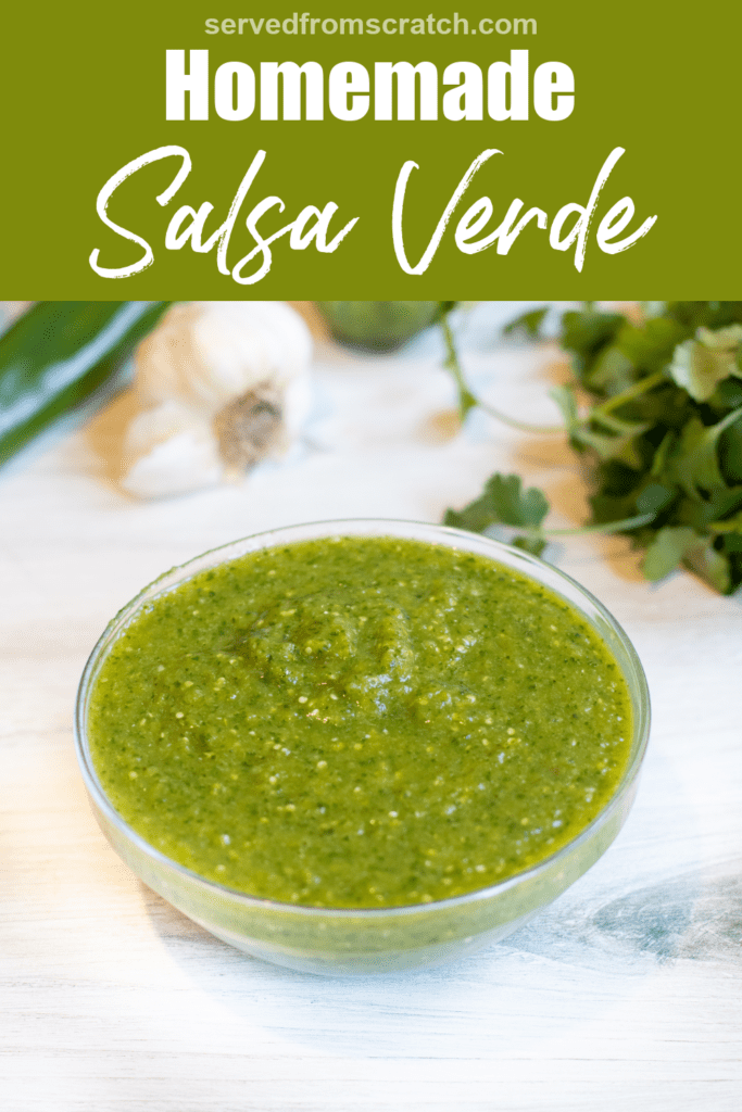a bowl of green salsa with peppers and cilantro behind it with Pinterest pin text.