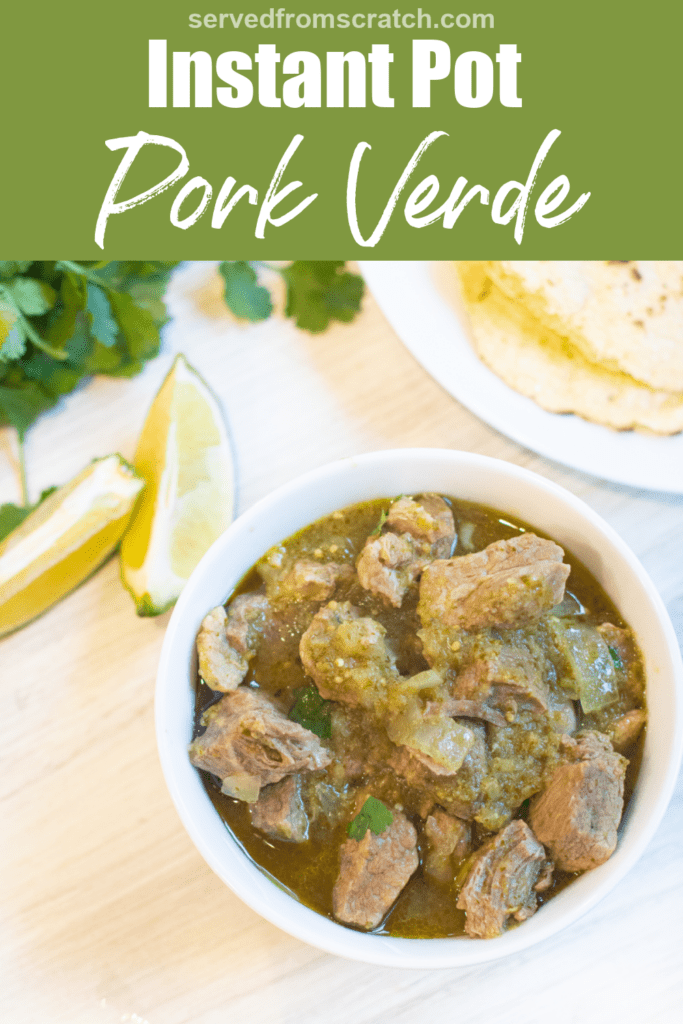 a bowl of pork in green chili with Pinterest pin text.