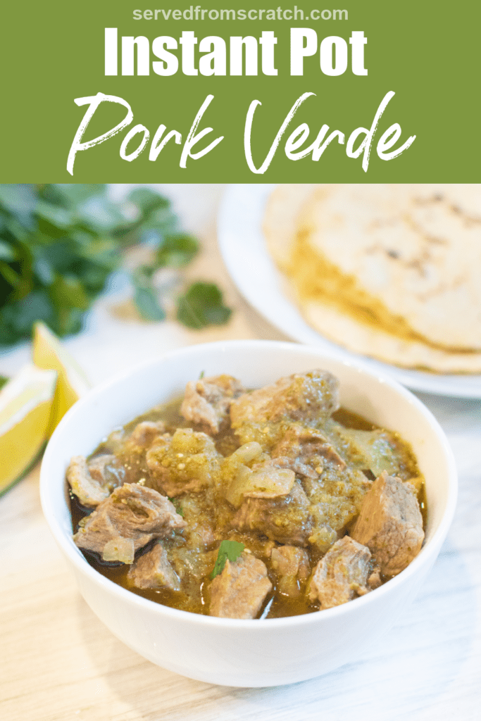a bowl of pork in green chili with Pinterest pin text.