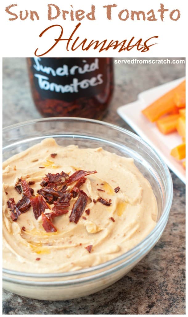 a bowl of hummus with sun-dried tomatoes with Pinterest pin text.