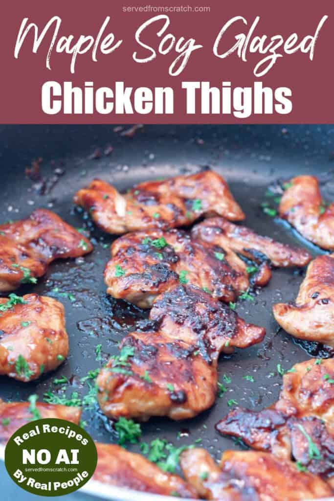 a pan of glazed cooked chicken thighs with Pinterest pin text with NO AI sticker.
