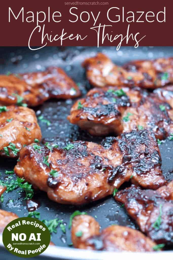 a pan of glazed cooked chicken thighs with Pinterest pin text with NO AI sticker.