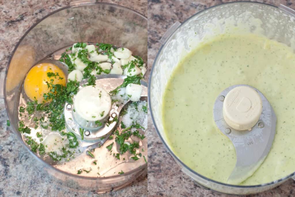 food processor with egg and oil and parsley and second pic of it all mixed together in a creamy sauce. 