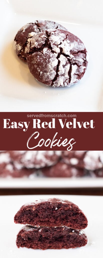 a plate with two cookies, Pinterest pin text, and then a halved red velvet cookie stacked on a plate in front of another plate of cookies.
