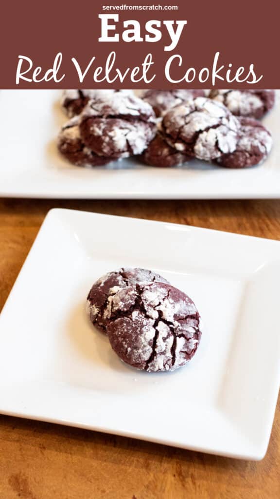 A plate with two red velvet cookies with a sugar coating with Pinterest pin text.