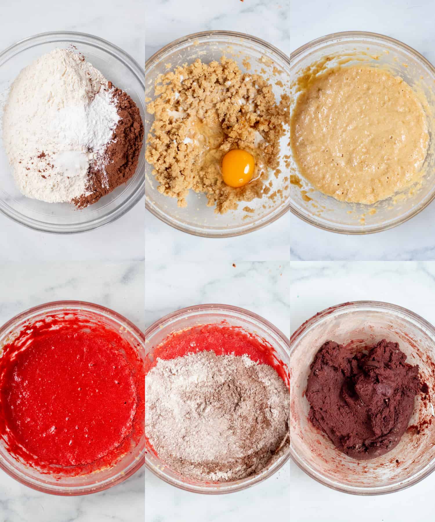 6 pictures of bowls, flour mixture, creamed butter and sugar with an egg, it all mixed, it all red, and then the flour mixture on top, and then it all mixed into a dough.