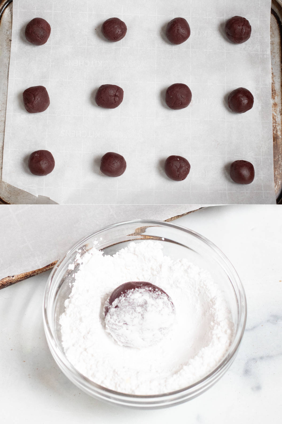 a tray of rolled cookie dough and then a ball being rolled in a bowl of confectioner's sugar. 