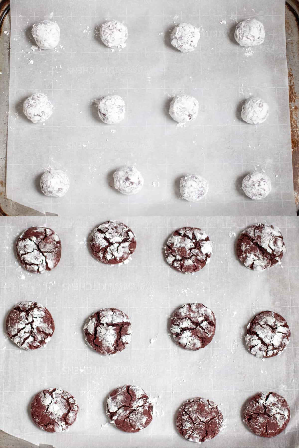 a tray of sugar coated dough balls and then a tray of them baked into cookies. 