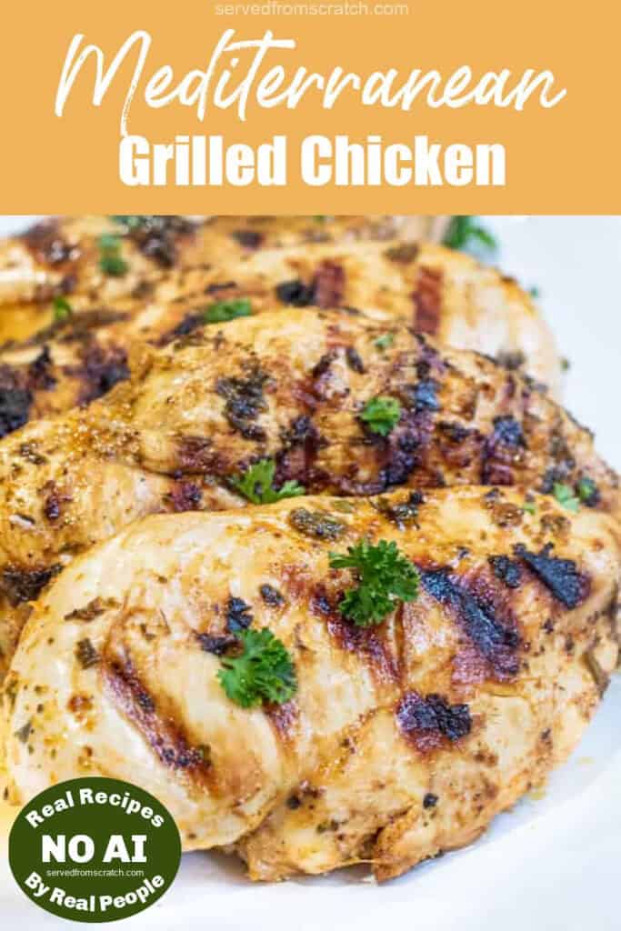 a plate of grilled chicken breasts and Pinterest pin text and NO AI sticker.