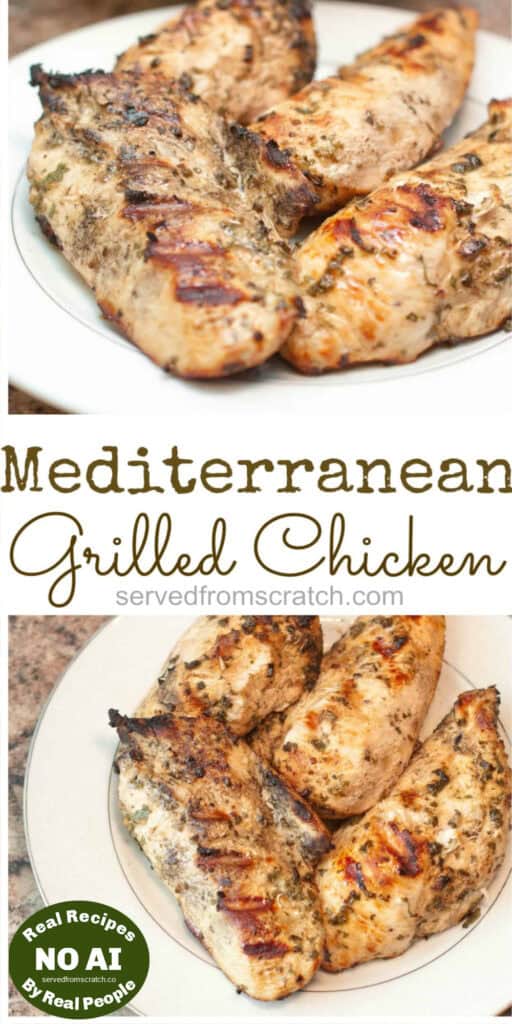two pictures of plates of grilled chicken breasts and Pinterest pin text and a NO AI sticker.