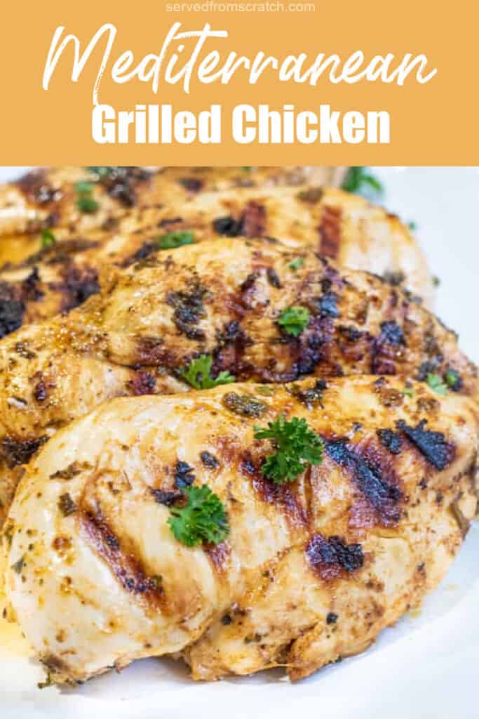 a plate of grilled chicken breasts and Pinterest pin text.