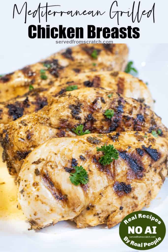 a plate of grilled chicken breasts and Pinterest pin text and NO AI sticker.