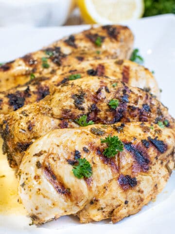a plate of grilled chicken breasts.