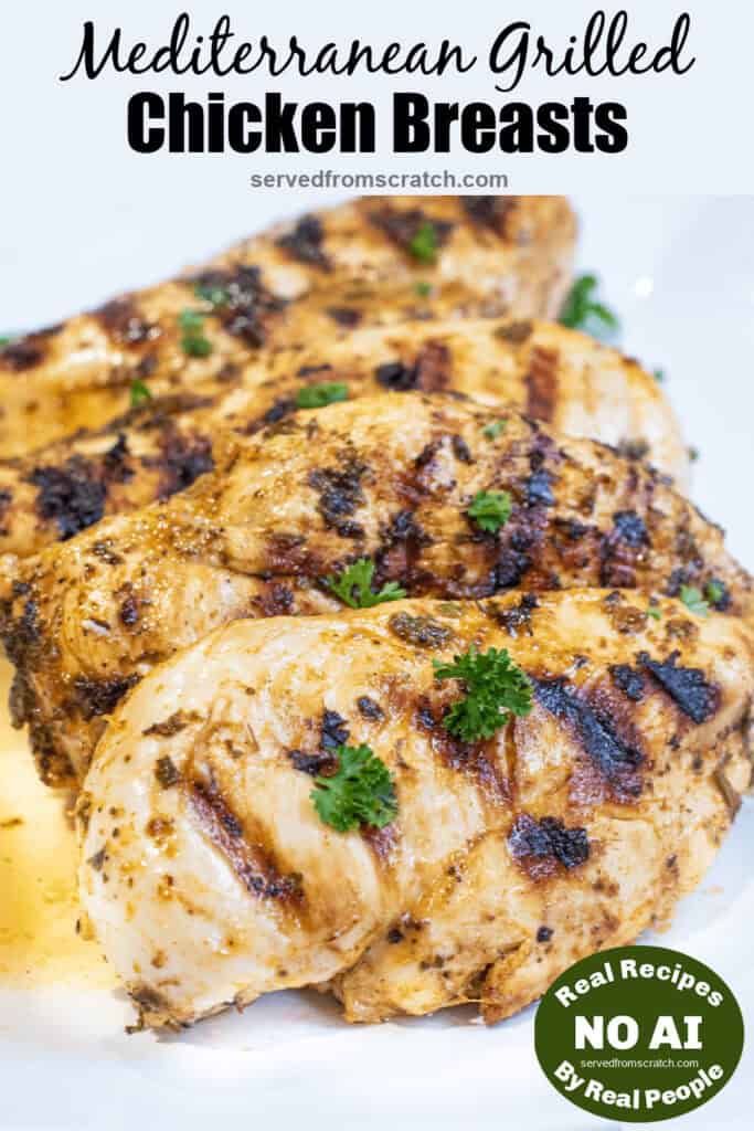 a plate of grilled chicken breasts and Pinterest pin text and NO AI sticker.