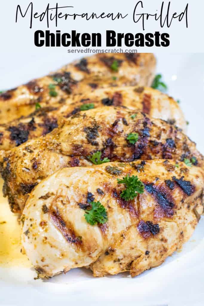 a plate of grilled chicken breasts with Pinterest pin text.