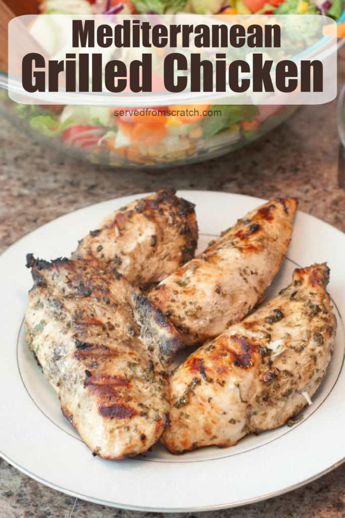 grilled chicken on a plate with PInterest Pin text.