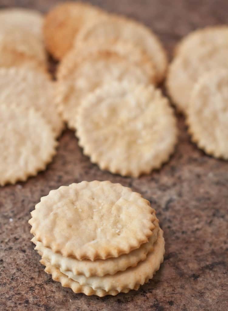 stacked ritz crackers on a counter.