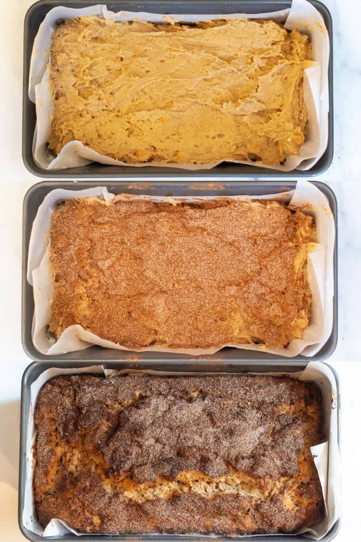 3 baking loaves, one uncooked, one covered with cinnamon and sugar, and one baked.