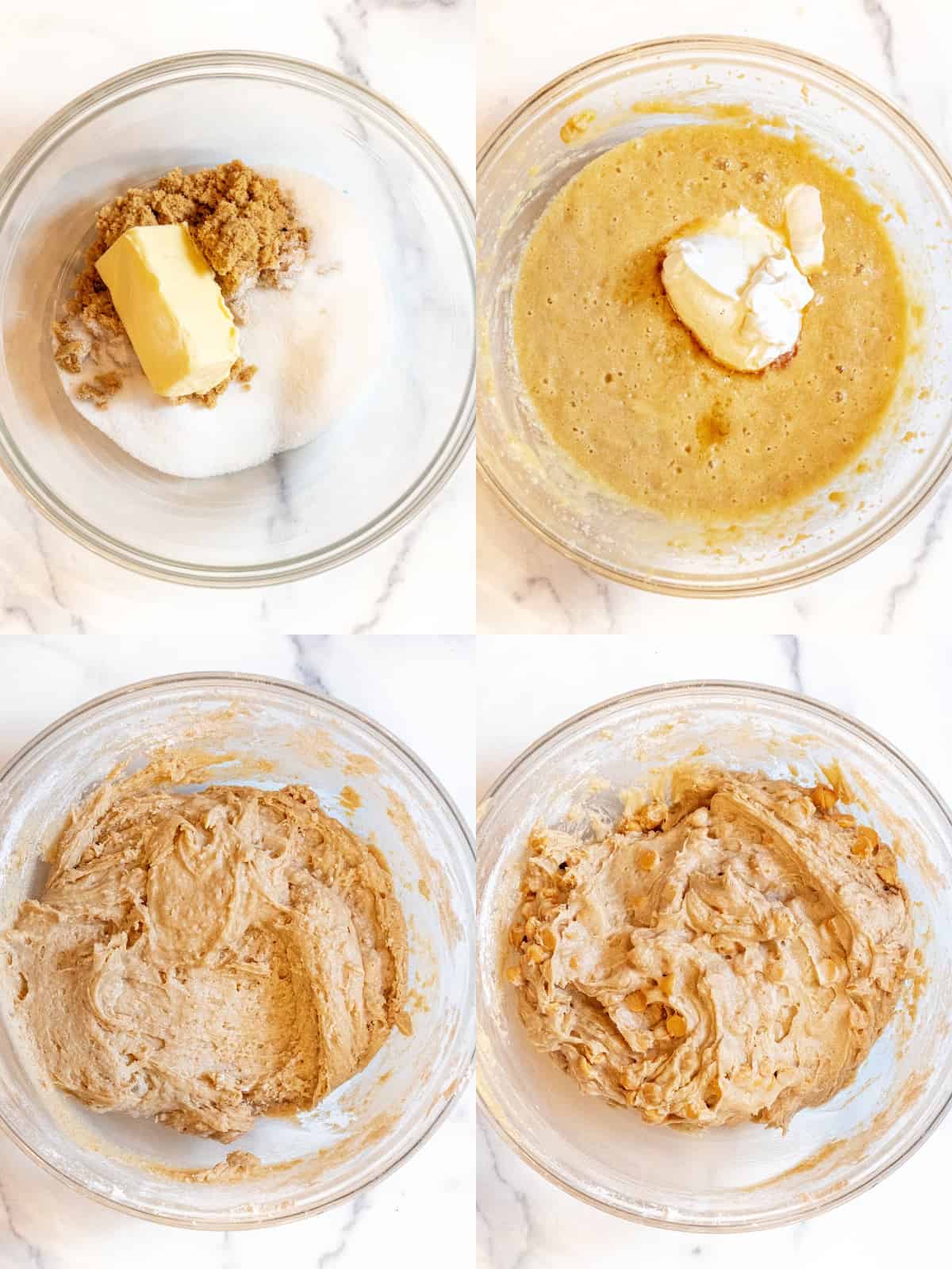 4 bowls of butter and sugars, all creamed with an egg, flour being added, mixed with sour cream and vanilla added, all mixed into a dough, and then a dough with butterscotch chips.