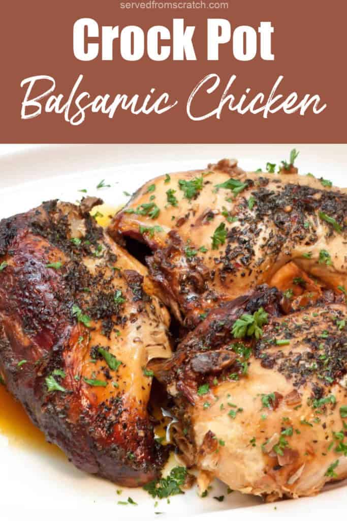 a plate of cooked bone in chicken breasts on a plate with Pinterest pin text.