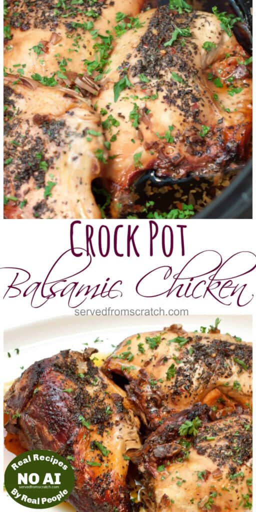 chicken cooking in a crock pot and a plate of cooked bone in chicken breasts on a plate with Pinterest pin text with NO AI sticker.