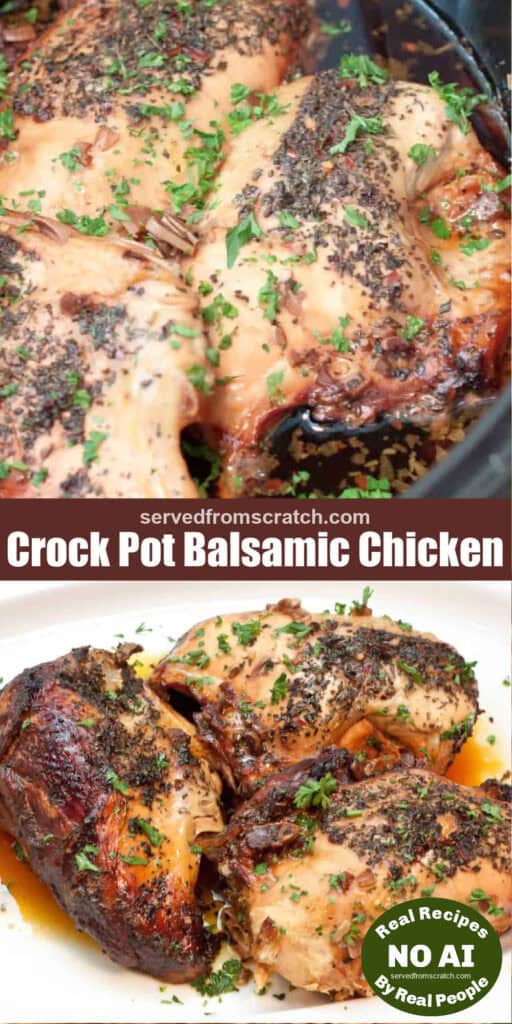 chicken cooking in a crock pot and a plate of cooked bone in chicken breasts on a plate with Pinterest pin text and NO AI sticker.
