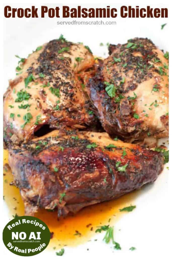cooked chicken breasts with herbs and balsamic on plate with Pinterest Pin Text and a NO AI sticker.