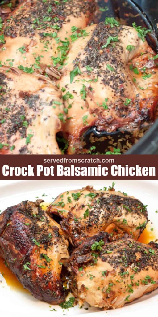 chicken cooking in a crock pot and a plate of cooked bone in chicken breasts on a plate with Pinterest pin text.