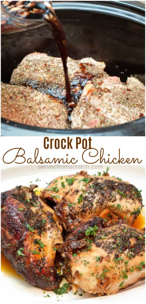 raw chicken in a crock pot with balsamic being poured in and cooked balsamic chicken.