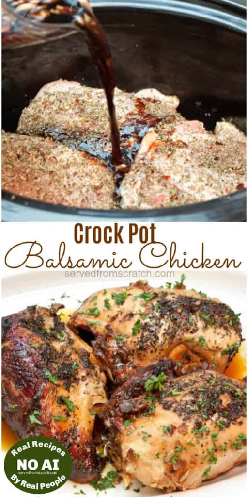 raw chicken in a crock pot with balsamic being poured in and cooked balsamic chicken and NO AI sticker.