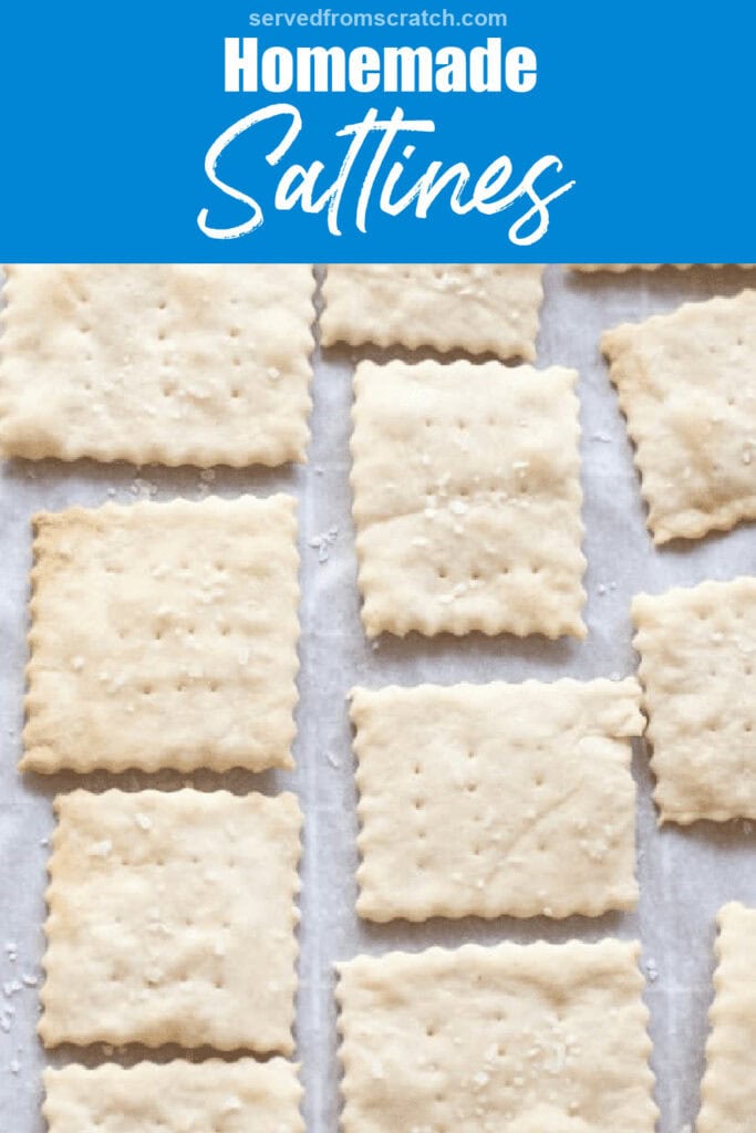 baked saltine crackers on parchment paper with Pinterest pin text.