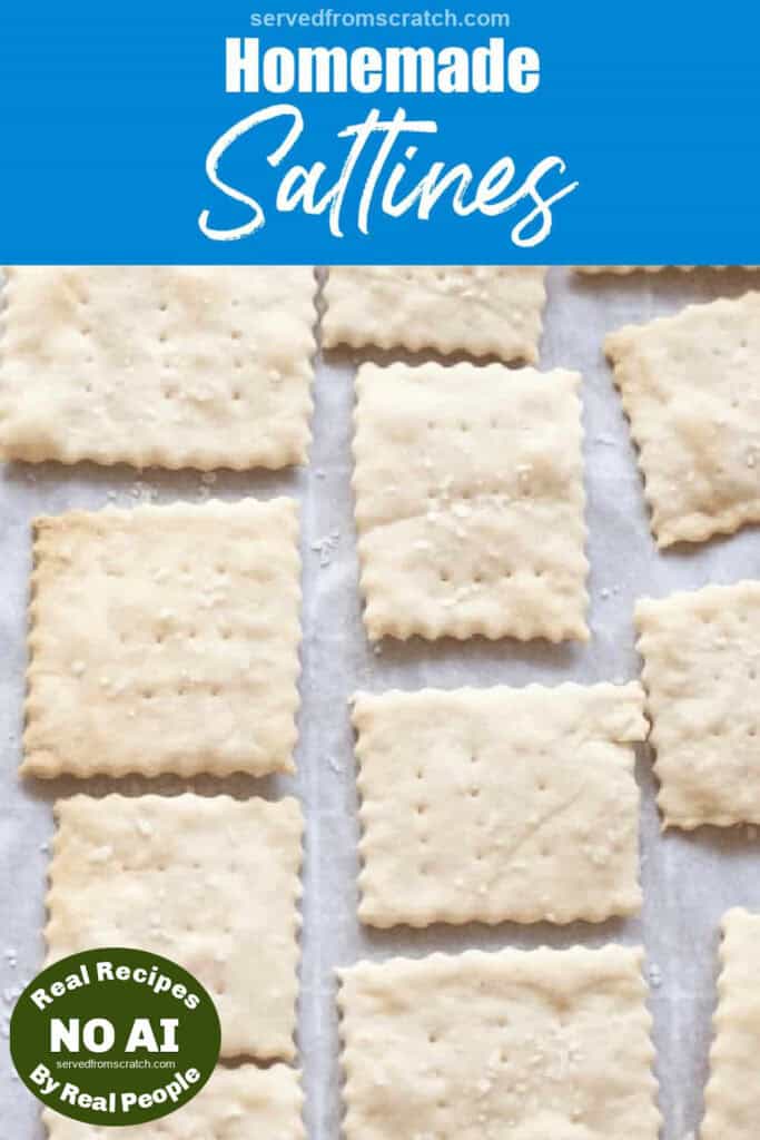 baked saltine crackers on parchment paper with Pinterest pin text with NO AI sticker.