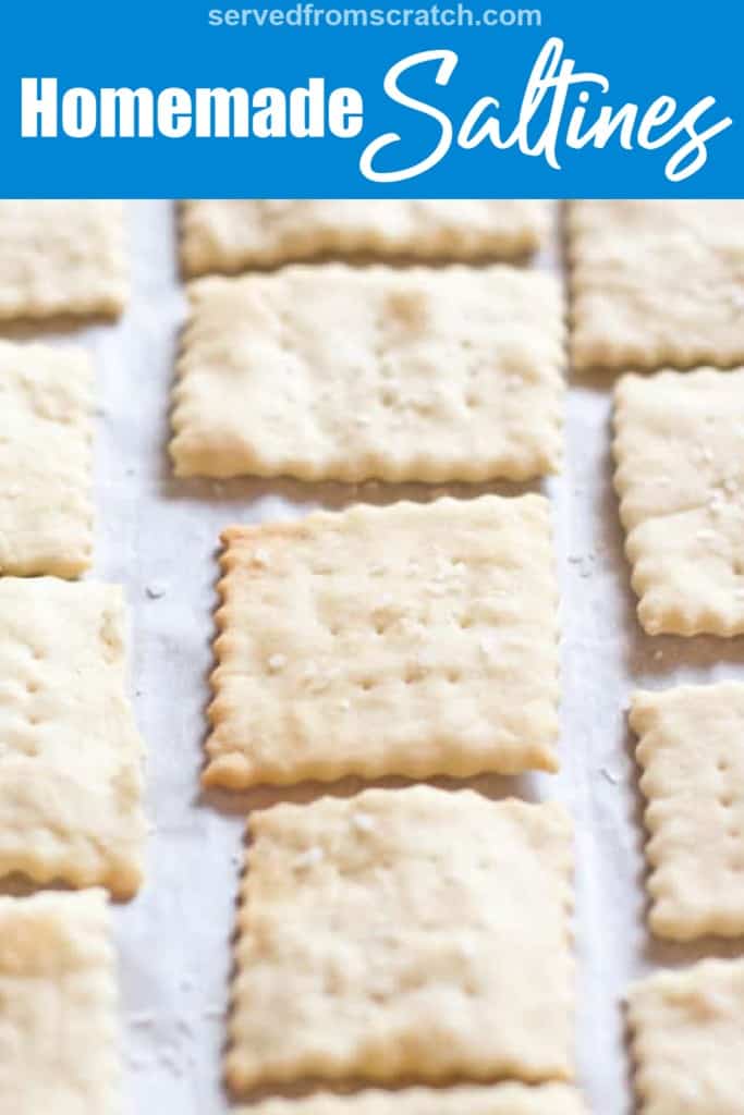 baked saltine crackers on parchment paper with Pinterest pin text.