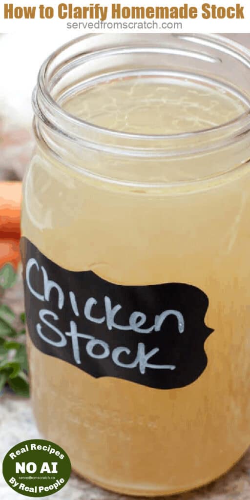 a mason jar of homemade labeled chicken stock and Pinterest pin text and NO AI sticker.