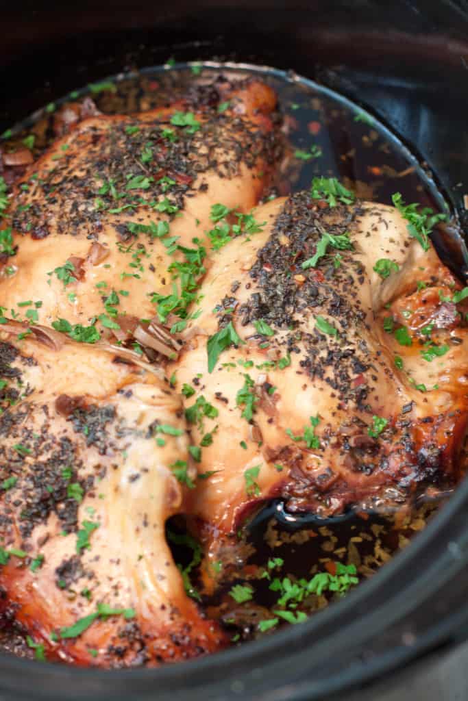 cooked herbed chicken in balsamic in crock pot.