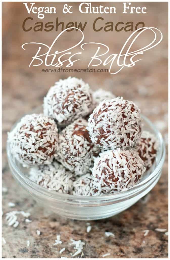 Vegan Cashew Cacao Bliss Balls are little bites of coconut dusted deliciousness that are deceivingly healthy! #blissballs #vegan #glutenfree #healthy #recipe #sugarfree #energybites