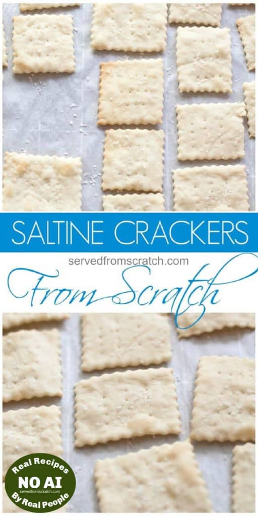 saltine crackers on parchment paper with Pinterest pin text.